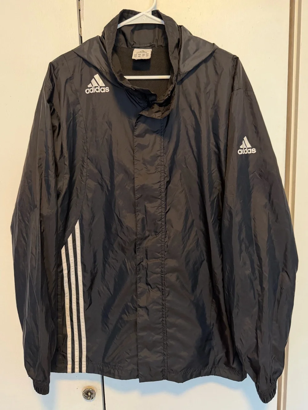 adidas Black Men's Hooded Windbreaker with White Stripes
